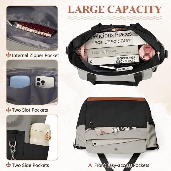 Women Black With Grey Multi-Pocket Waterproof Canvas Tote Bags with Zipper - Picture 3 of 6